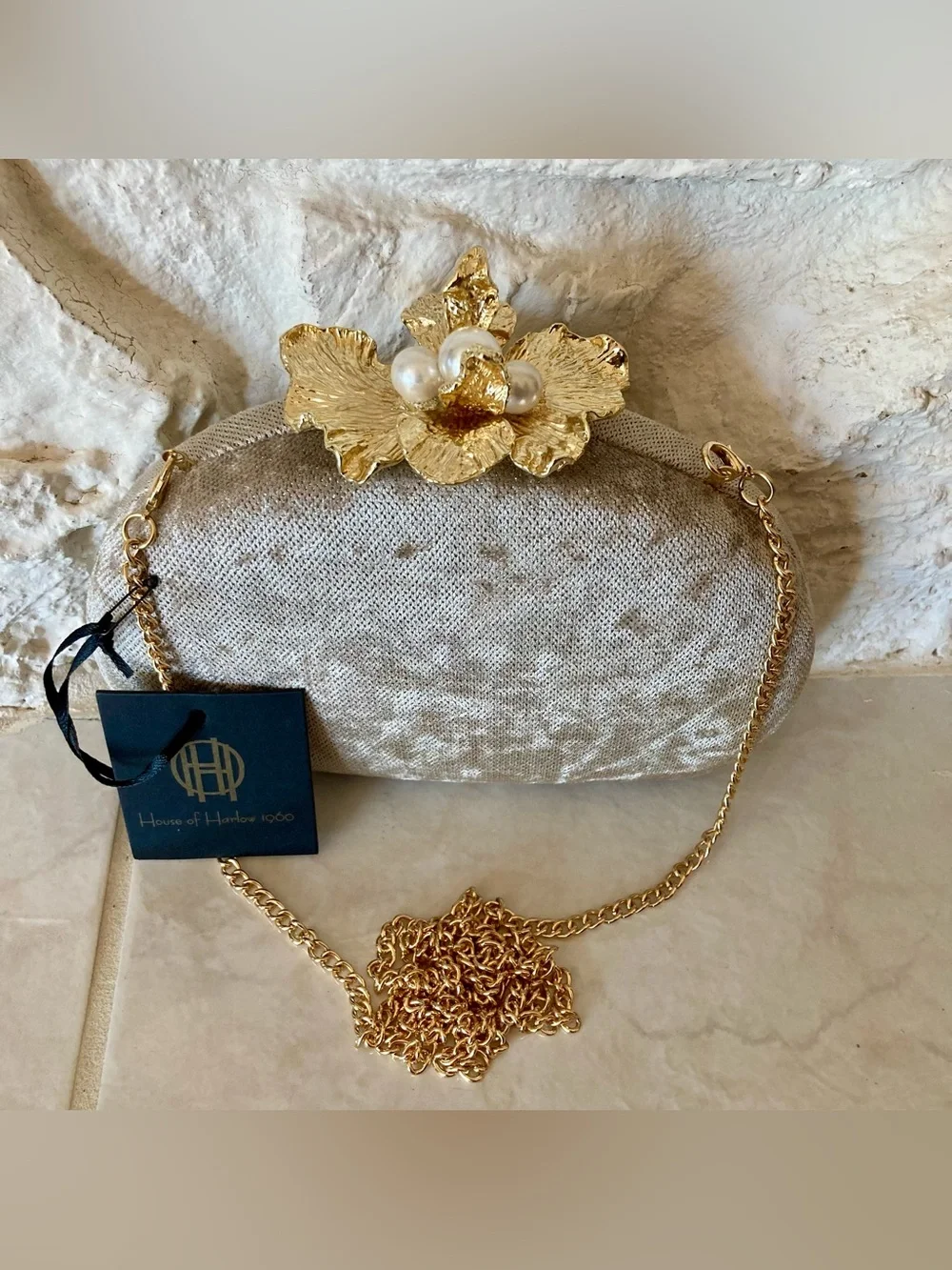 NWT House of Harlow 1960 Champagne Velvet Clutch with Gold Pearl Flower